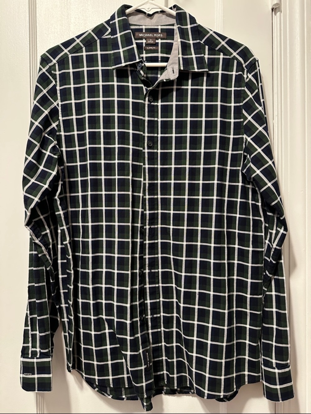 Michael Kors Black, Green & White Windowpane Button-Up Shirt